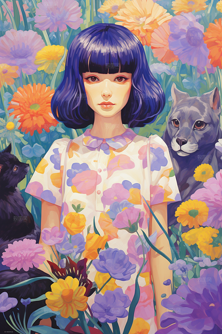 多巴胺女孩彩色手绘插画