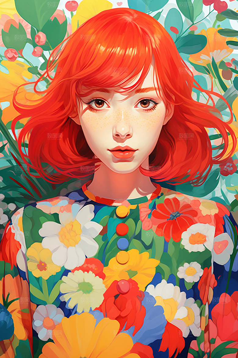 多巴胺女孩五彩斑斓手绘插画