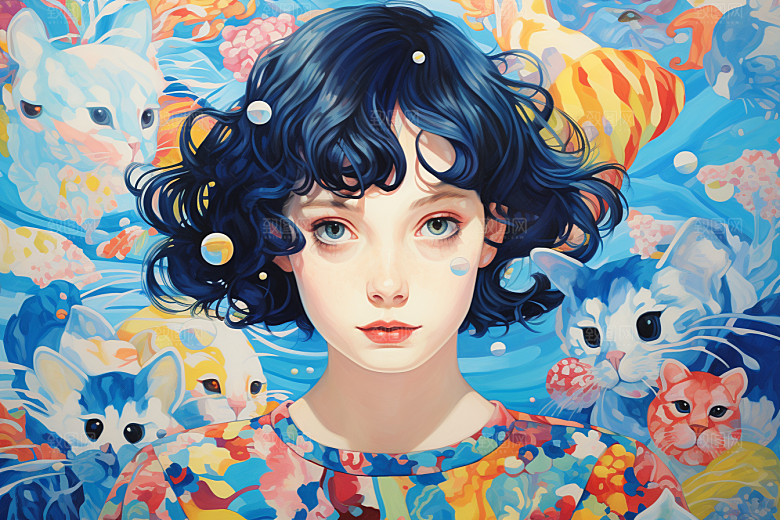 多巴胺女孩五彩斑斓手绘插画