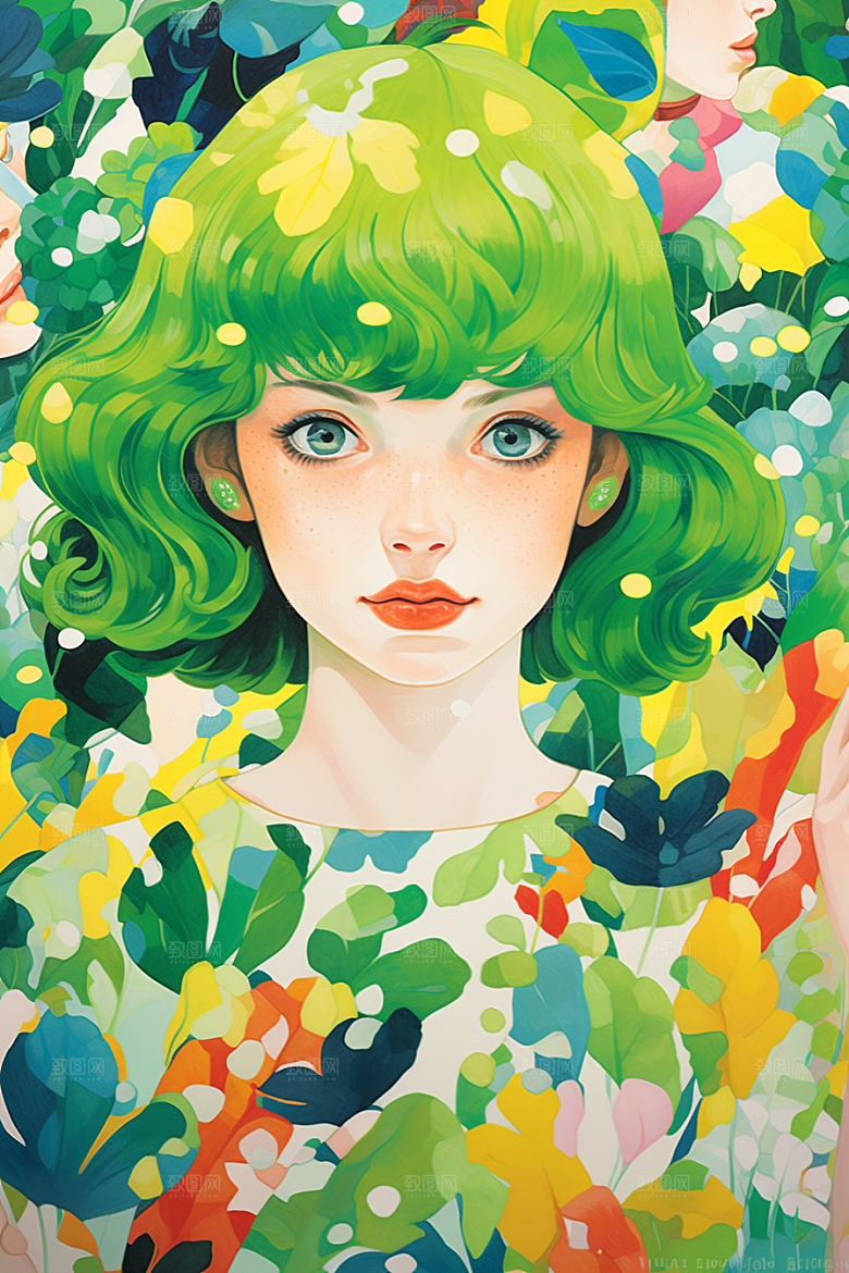 多巴胺女孩形象五彩斑斓插画