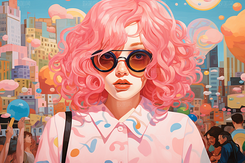 多巴胺女孩缤纷彩色插画