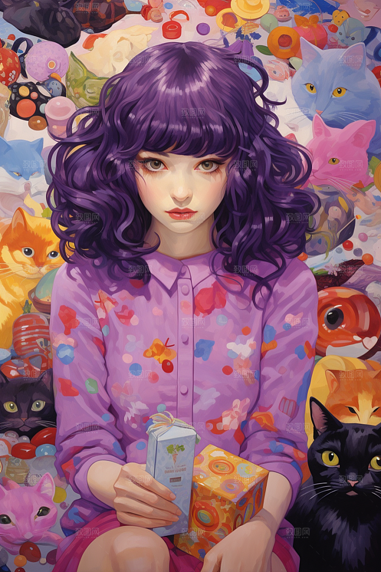 多巴胺女孩五彩斑斓可爱插画