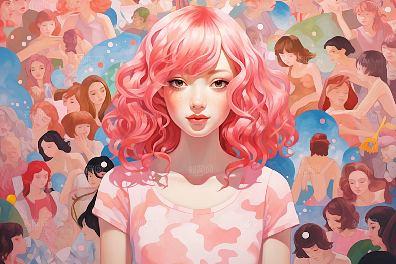 多巴胺女孩彩色手绘插画