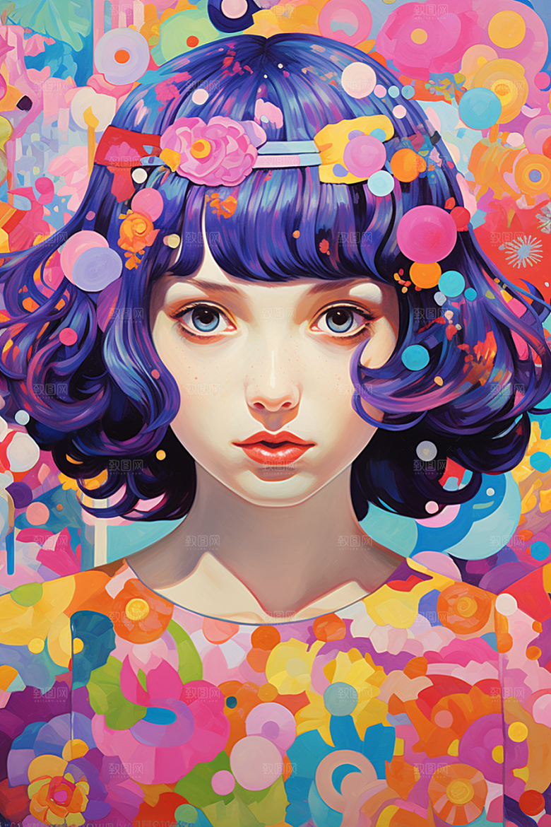 多巴胺女孩少女五彩斑斓插画