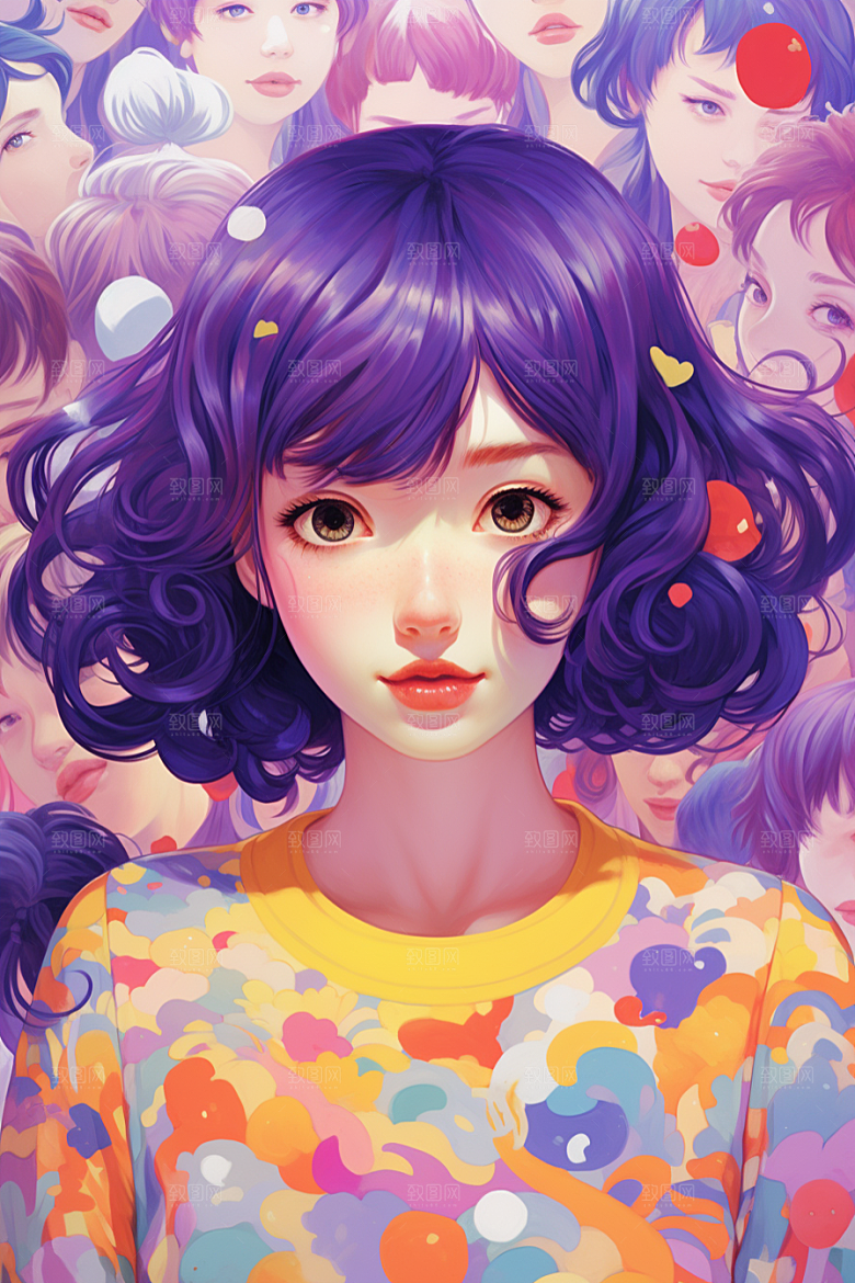多巴胺女孩彩色可爱插画