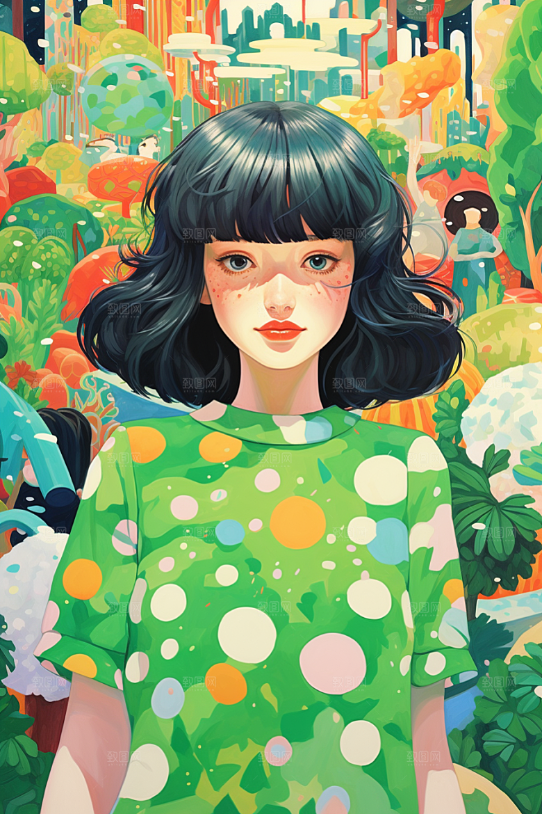 多巴胺女孩形象五彩斑斓插画