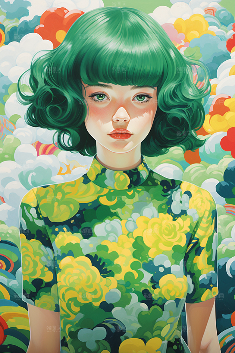 多巴胺女孩形象五彩斑斓插画
