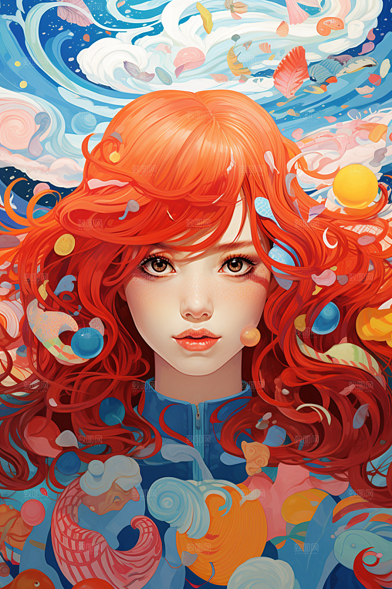 多巴胺女孩艺术感少女插画