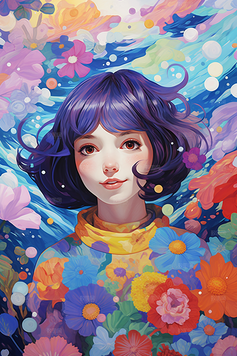 多巴胺女孩艺术感少女插画