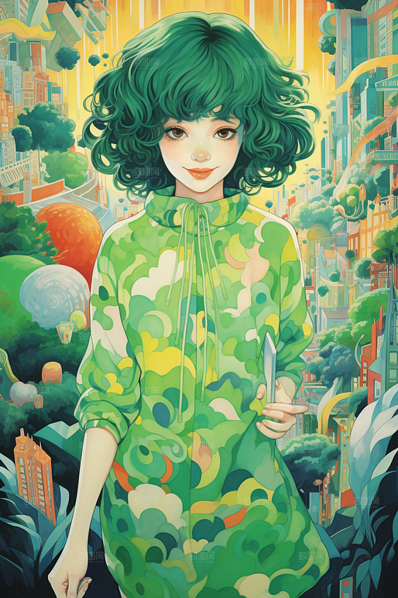 多巴胺女孩彩色形象插画