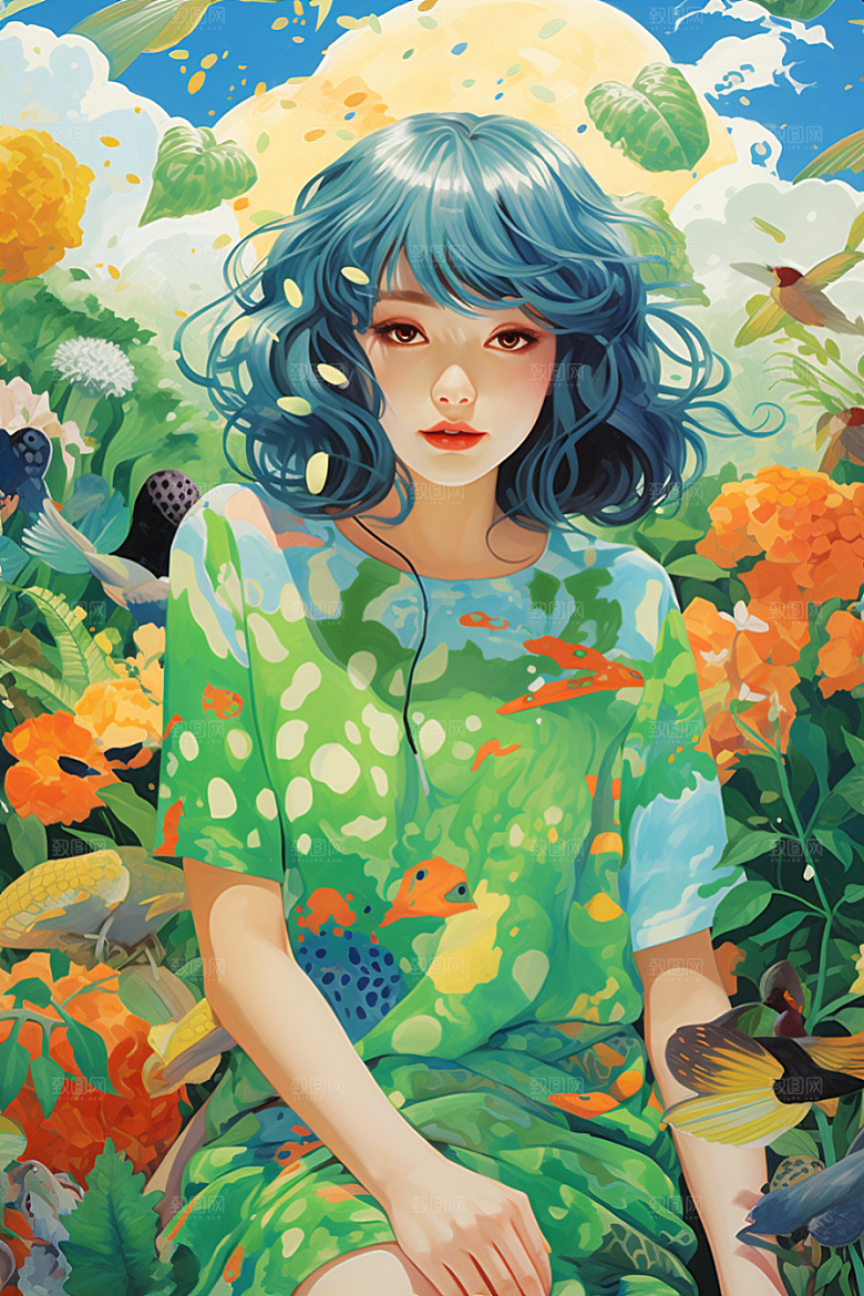 多巴胺女孩缤纷彩色插画