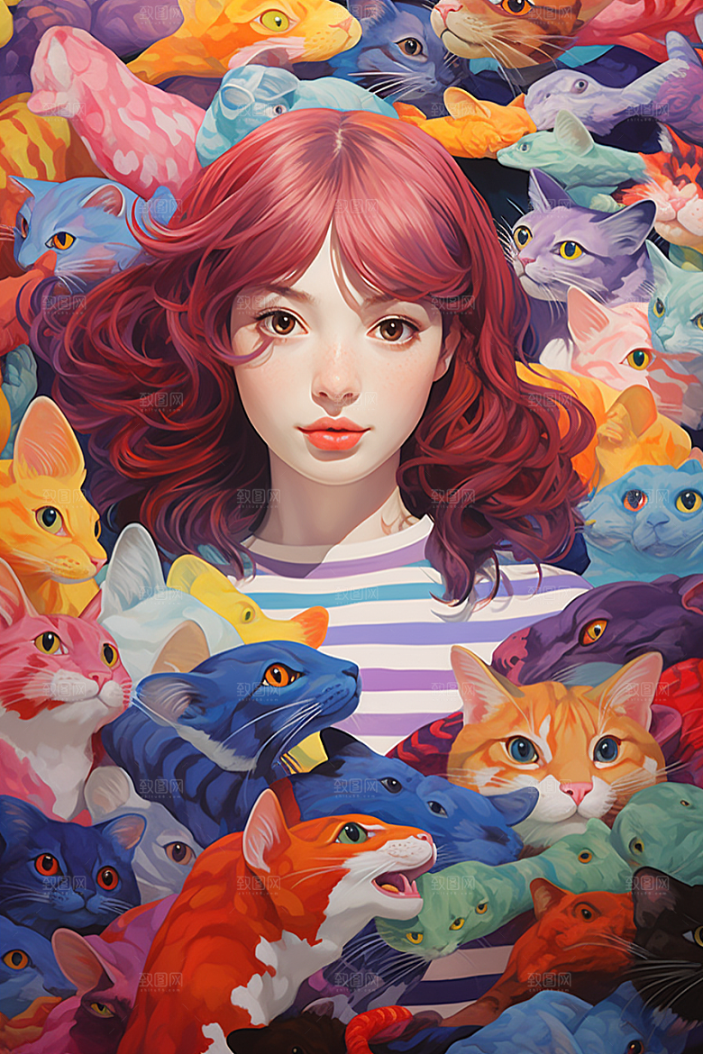 多巴胺女孩五彩斑斓彩色插画