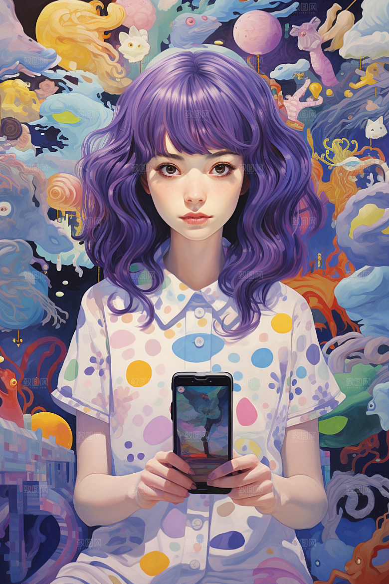 多巴胺女孩五彩斑斓缤纷插画
