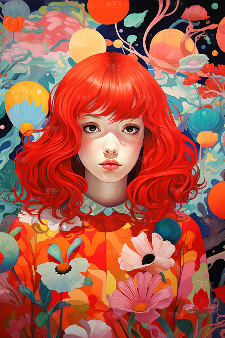 多巴胺女孩五彩斑斓手绘插画