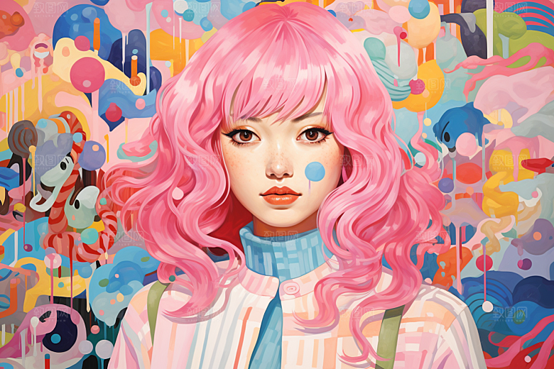 多巴胺女孩艺术感五彩斑斓插画