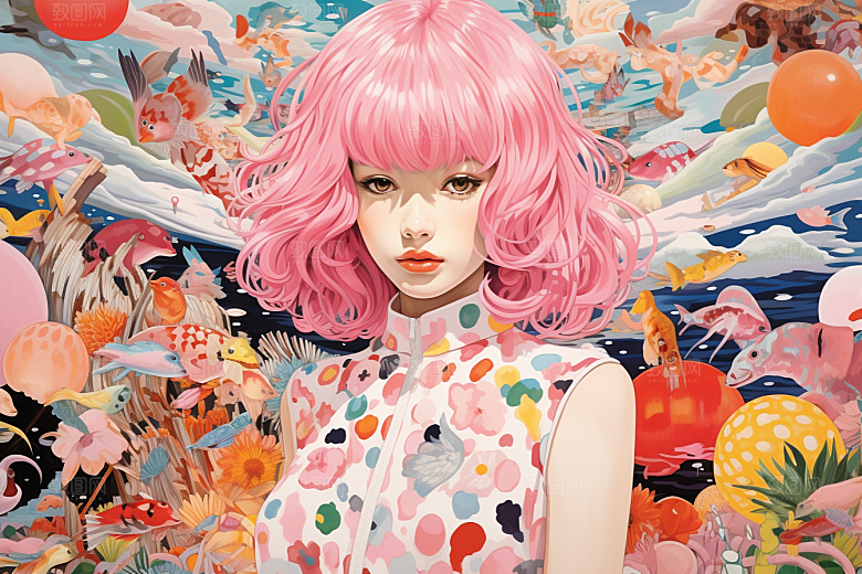 多巴胺女孩彩色形象插画