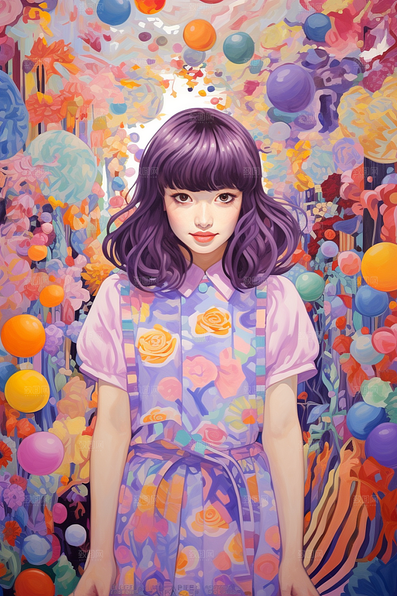 多巴胺女孩手绘五彩斑斓插画