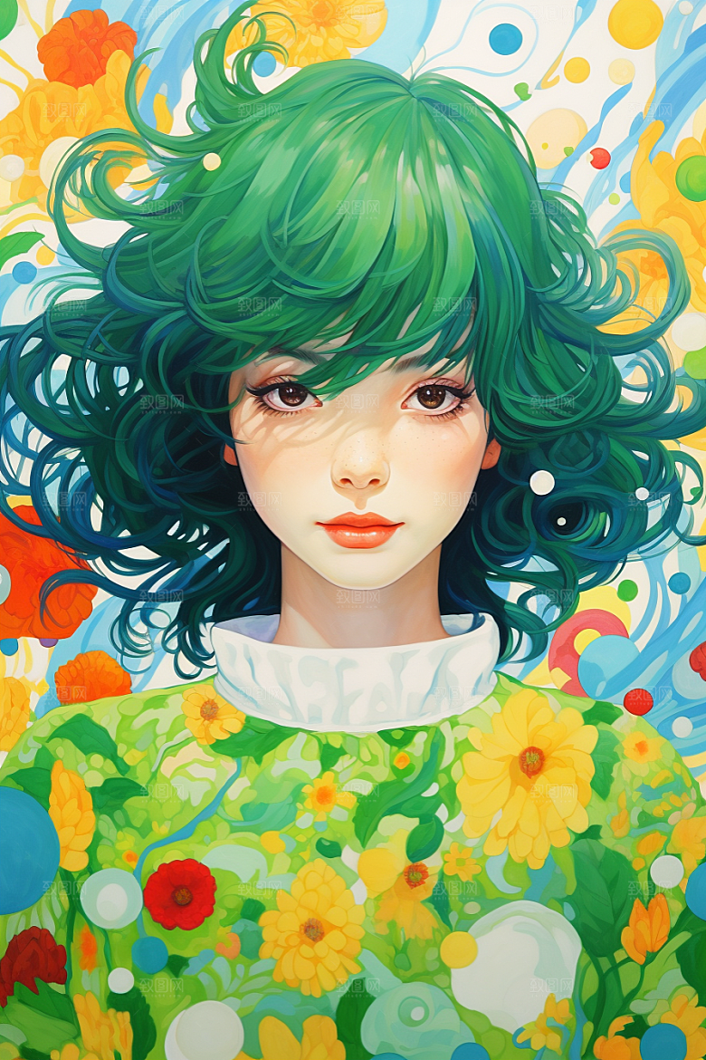 多巴胺女孩艺术感五彩斑斓插画