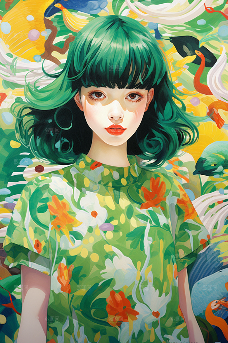 多巴胺女孩五彩斑斓高清插画