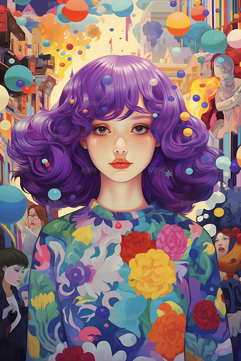 多巴胺女孩彩色形象插画