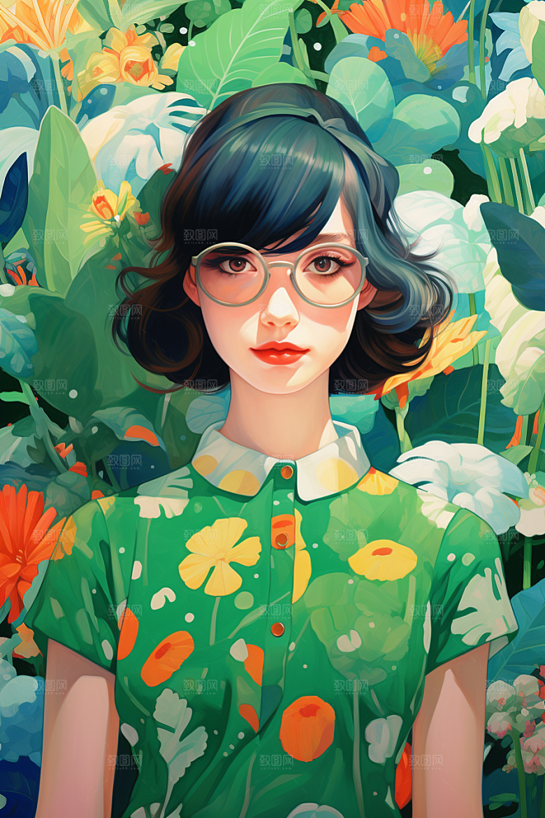 多巴胺女孩艺术感彩色插画