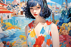 多巴胺女孩穿搭五彩斑斓插画