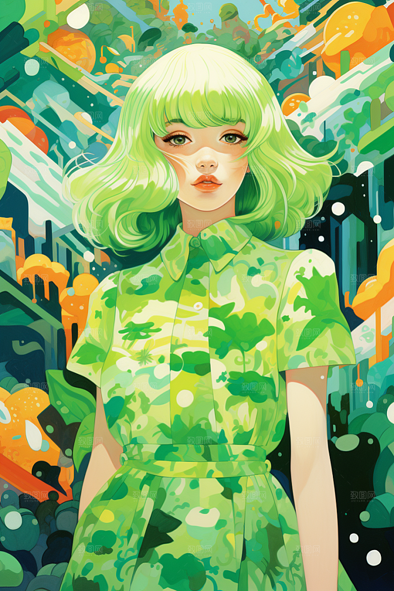 多巴胺女孩彩色可爱插画