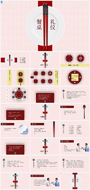 红色餐桌礼仪培训通用模板PPT