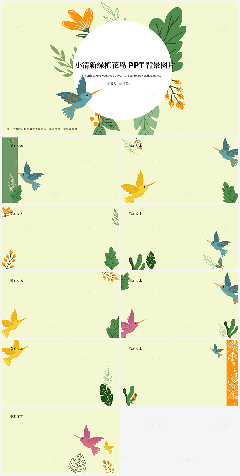 小清新绿植花鸟PPT背景图片