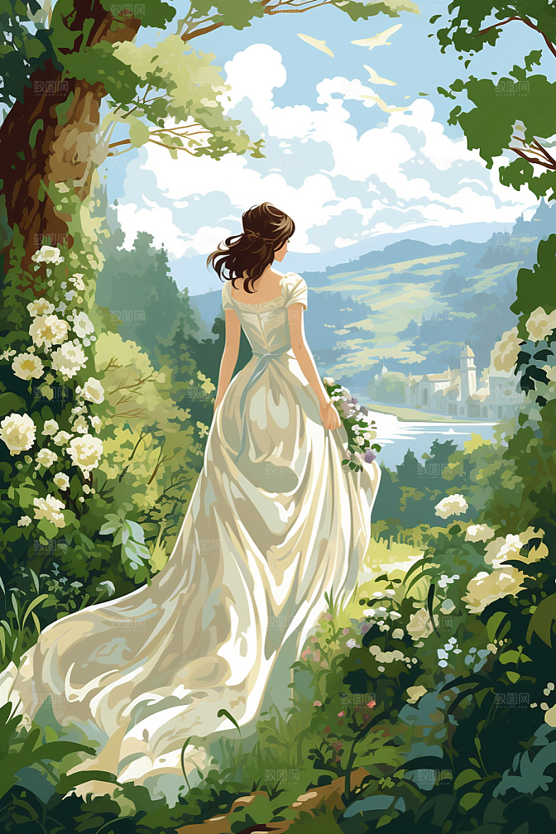 卡通婚纱唯美结婚插画