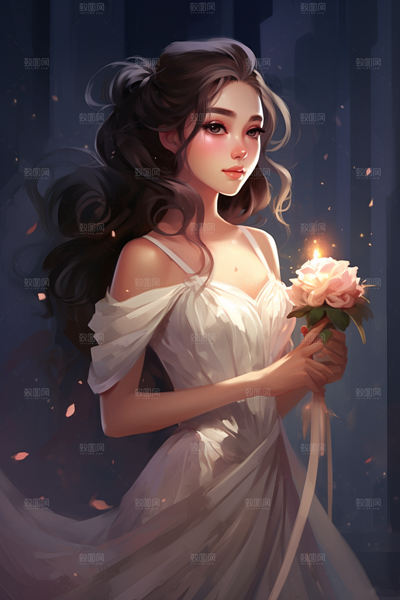 卡通婚纱手绘圣洁插画