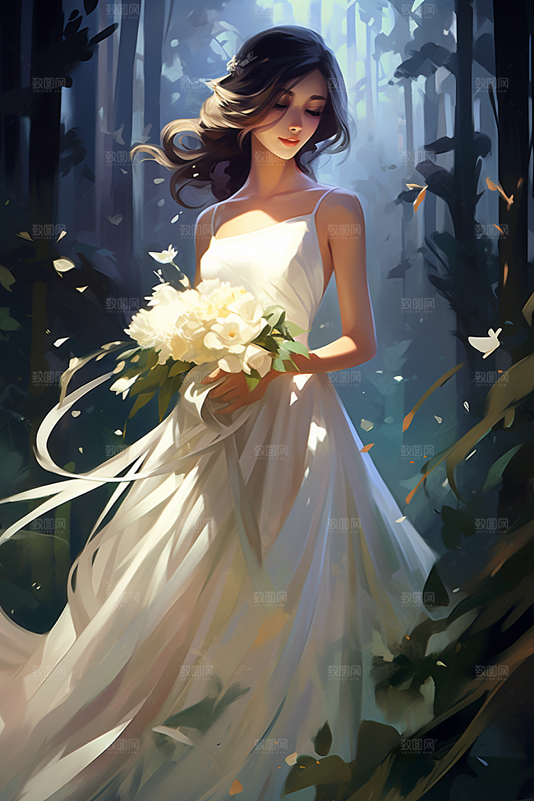 卡通婚纱结婚二次元插画