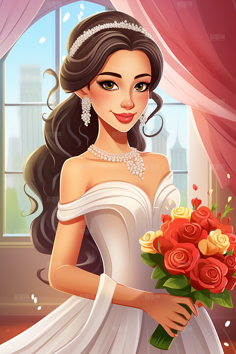 卡通婚纱新娘二次元插画