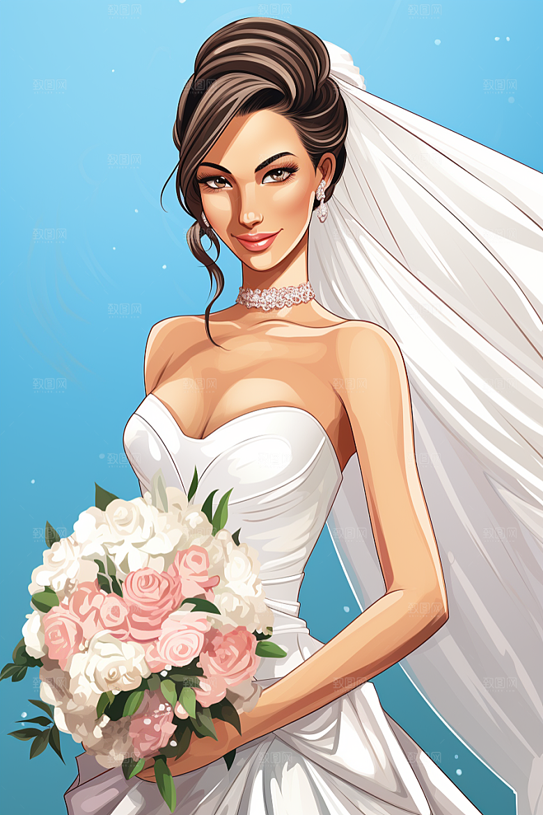 卡通婚纱结婚唯美插画