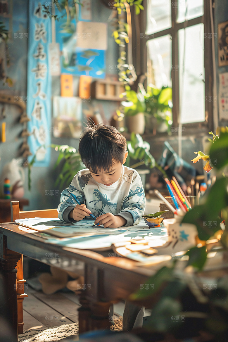 儿童绘画涂鸦肖像摄影图