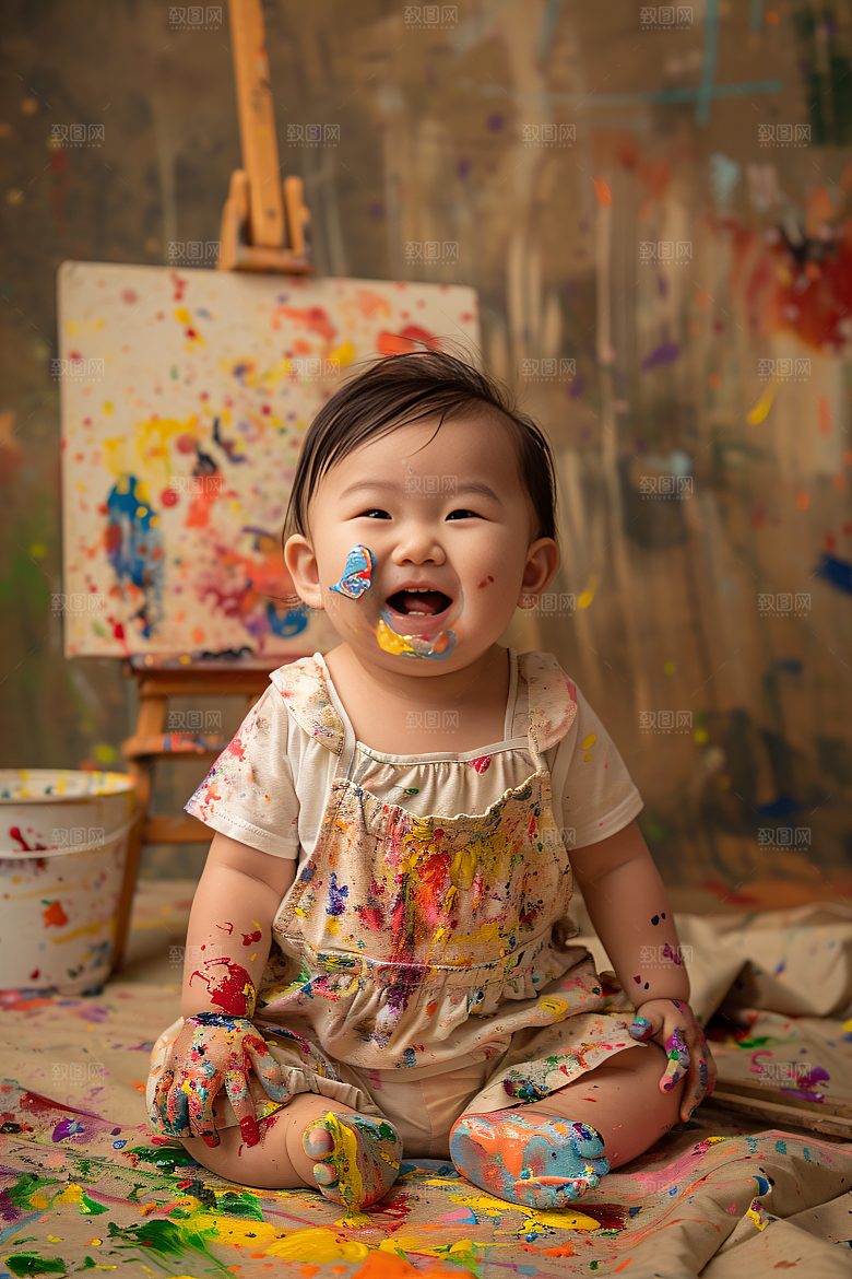 儿童绘画颜料人物摄影图