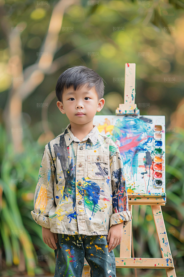 儿童绘画油画肖像摄影图