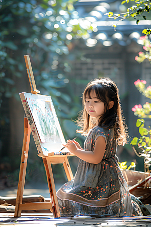 儿童绘画颜料肖像摄影图