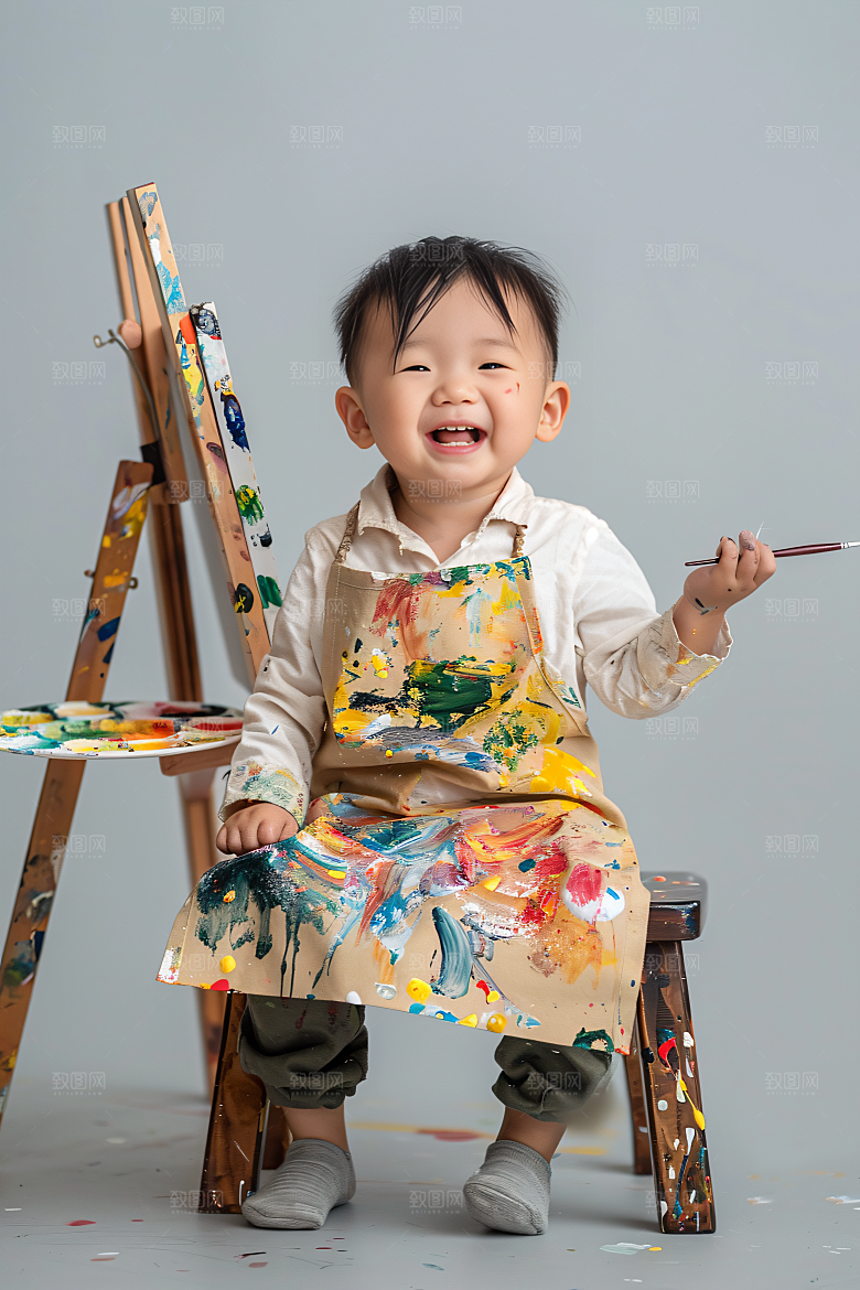 儿童绘画颜料肖像摄影图