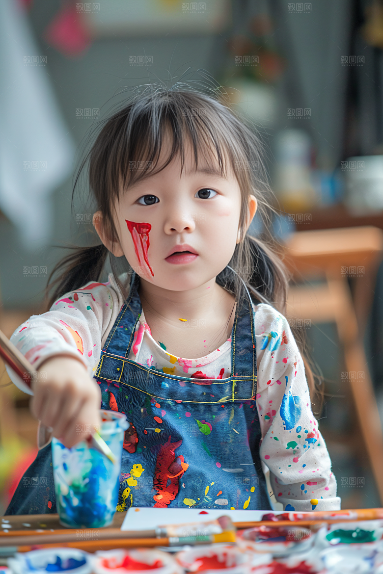 儿童绘画油画肖像摄影图