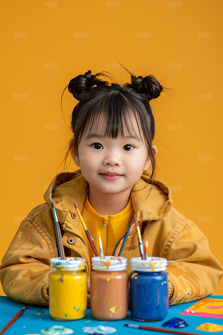 儿童绘画颜料课堂摄影图