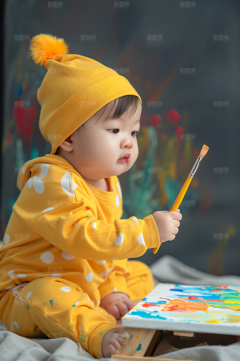 儿童绘画色彩油画摄影图