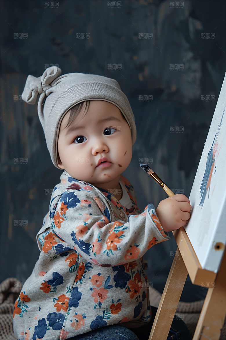 儿童绘画色彩油画摄影图