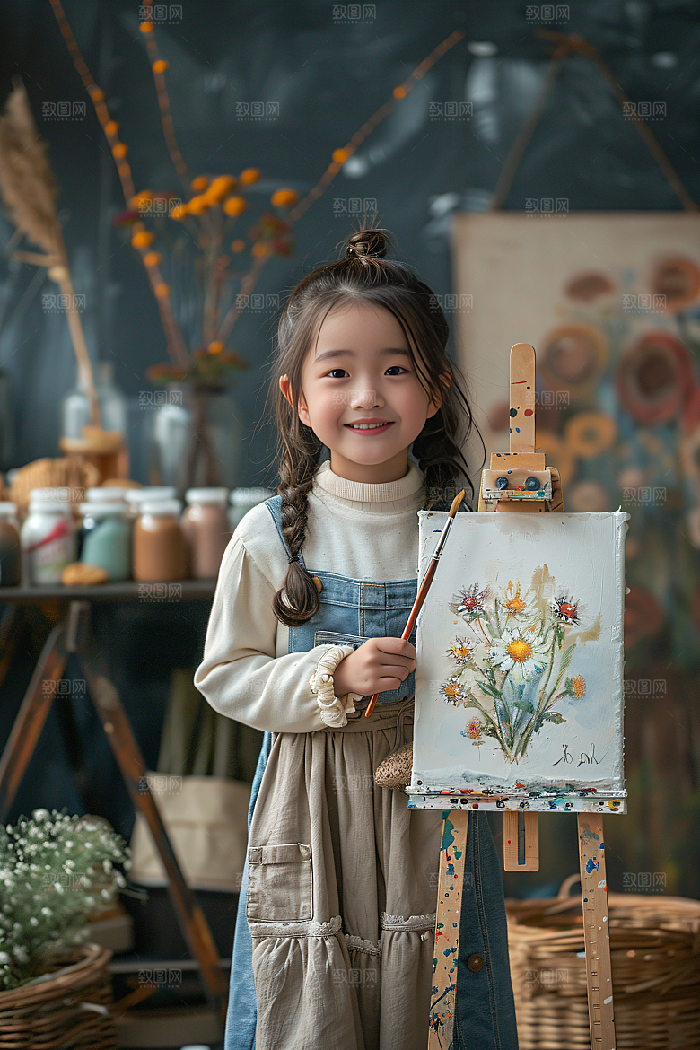 儿童绘画色彩油画摄影图