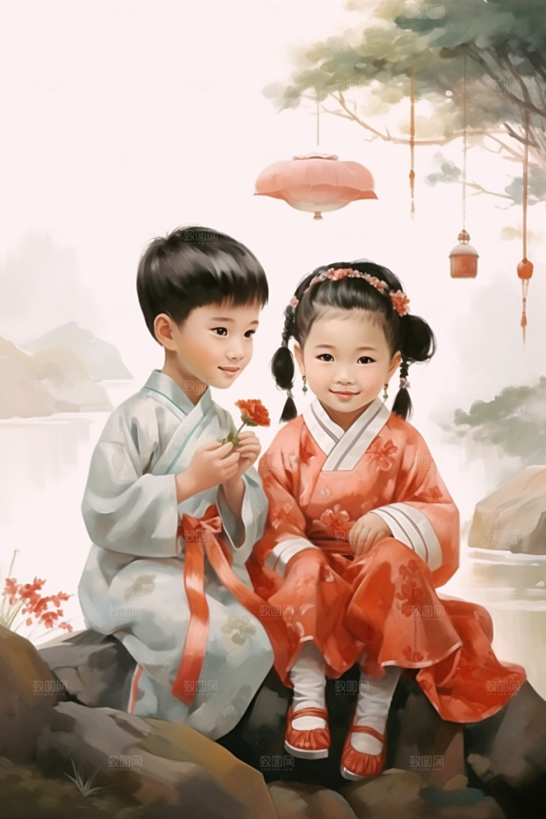 儿童水墨江南水乡古风插画