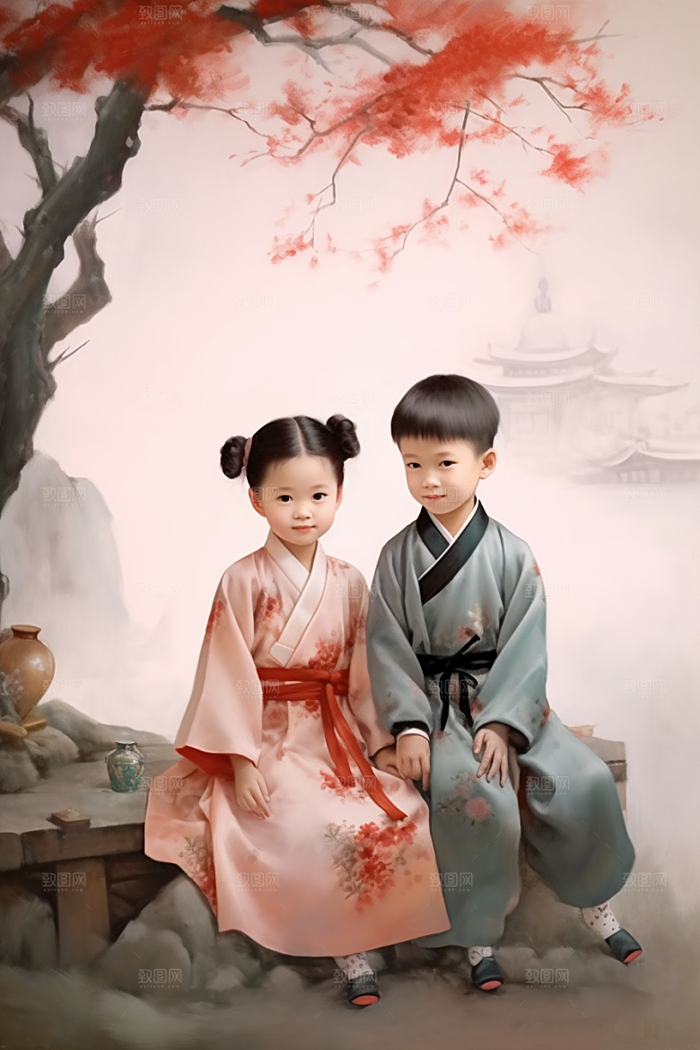 儿童水墨唯美古风插画