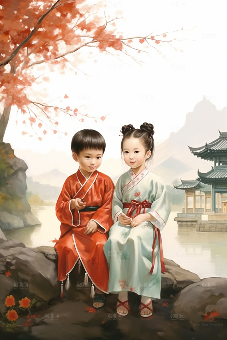 儿童水墨手绘国画插画