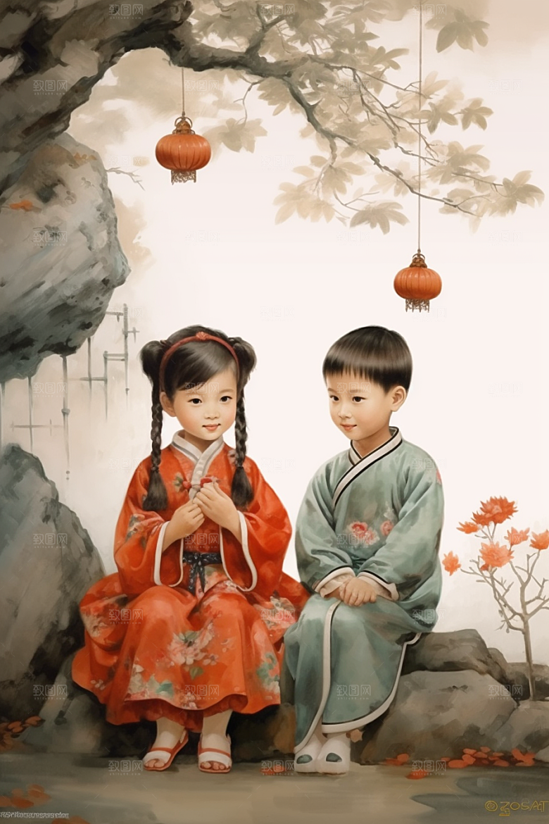 儿童水墨小桥流水人家传统文化插画