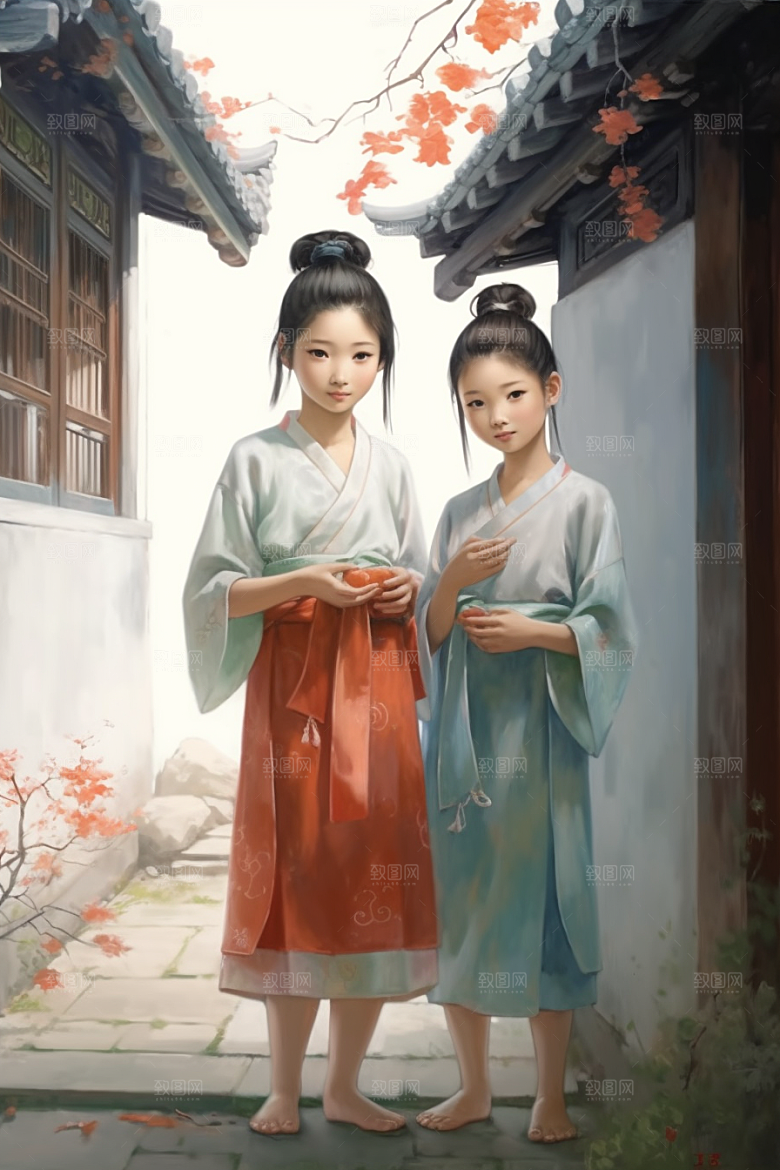 儿童水墨古风小桥流水人家插画