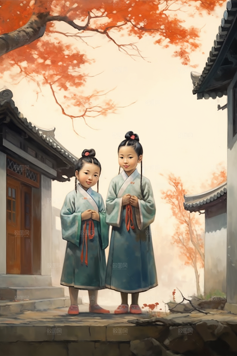 儿童水墨诗意小桥流水人家插画